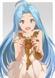 Rule 34 | 1girl, :d, ahoge, armlet, bare shoulders, blue eyes, blue hair, bridal gauntlets, choker, collarbone, commentary request, cowboy shot, dress, fingernails, glove spread, gloves, unworn gloves, granblue fantasy, grey background, hinami (hinatamizu), holding, holding clothes, holding gloves, long hair, looking at viewer, lyria (granblue fantasy), open mouth, see-through, short dress, simple background, smile, solo, standing, strapless, strapless dress, very long hair, white choker, white dress