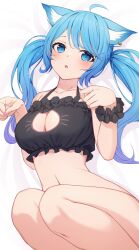 Rule 34 | 1girl, ahoge, animal ear fluff, animal ears, blue eyes, blue hair, bottomless, bra, breasts, cat cutout, cat lingerie, cleavage, cleavage cutout, clothing cutout, commentary, curvy, ear piercing, extra ears, fingernails, frilled bra, frills, highres, knees up, large breasts, lingerie, long hair, lying, meme attire, nanashi inc., narrow waist, navel, nishino eri, on back, paw pose, piercing, scrunchie, solo, souya ichika, symbol-only commentary, twintails, underwear, virtual youtuber, wide hips, wrist scrunchie