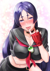 Rule 34 | 1girl, alternate costume, bad id, bad pixiv id, black serafuku, blush, breast hold, breasts, choker, cowboy shot, fate/grand order, fate (series), fingerless gloves, french kiss, gloves, kiss, large breasts, leaning forward, long hair, looking at viewer, minamoto no raikou (fate), minamoto no raikou (swimsuit lancer) (second ascension) (fate), naughty face, navel, neckerchief, purple eyes, purple hair, red gloves, school uniform, serafuku, smile, solo, stomach, tkhs, very long hair