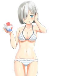 Rule 34 | 10s, 1girl, adjusting hair, armpits, bare arms, bare shoulders, bikini, blue eyes, breasts, cleavage, collarbone, cowboy shot, cup, drinking glass, food, frilled bikini, frills, gluteal fold, hair ornament, hair over one eye, hairclip, hamakaze (kancolle), hand in own hair, holding, holding cup, kantai collection, looking at viewer, md5 mismatch, medium breasts, mouth hold, navel, peperoncirno, shaved ice, short hair, silver hair, simple background, smile, solo, spoon, standing, stomach, striped bikini, striped clothes, swimsuit, white background