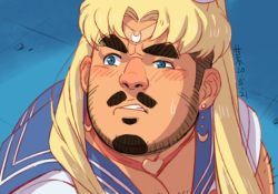 Rule 34 | 1boy, bara, beard, blonde hair, blue eyes, blue sailor collar, blush, chest hair, chinese text, choker, circlet, clenched teeth, crescent, crescent earrings, crossdressing, earrings, facial hair, gangdong, goatee, hair ornament, heart, heart choker, jewelry, long hair, looking to the side, male focus, manly, mature male, meme, muscular, muscular male, mustache, original, parody, parted bangs, pectoral cleavage, pectorals, red choker, sailor collar, sailor moon, sailor moon redraw challenge (meme), sailor senshi uniform, school uniform, serafuku, solo, sweatdrop, teeth, thick eyebrows, translation request, twintails, upper body, wig