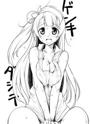 Rule 34 | 10s, 1girl, blush, breasts squeezed together, breasts, cleavage, hirowa nagi, large breasts, long hair, looking at viewer, love live!, love live! school idol project, minami kotori, monochrome, open mouth, simple background, sitting, sketch, smile, solo, translation request, wet, wet clothes, white background