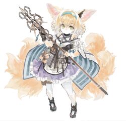 Rule 34 | 1girl, animal ears, arknights, bare shoulders, black collar, black footwear, blonde hair, blue cape, blue hairband, braid, cape, closed mouth, clothing cutout, collar, commentary request, dress, earpiece, fox ears, fox girl, fox tail, frilled dress, frills, green eyes, hairband, hands up, holding, holding staff, infection monitor (arknights), kitsune, konabetate, kyuubi, looking at viewer, material growth, multicolored clothes, multicolored dress, multicolored hair, multiple tails, oripathy lesion (arknights), pantyhose, purple dress, short hair, shoulder cutout, solo, staff, striped cape, suzuran (arknights), tail, twin braids, two-tone dress, two-tone hair, white background, white pantyhose