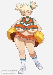 Rule 34 | 1girl, areola slip, bakugou mitsuki, bare shoulders, blonde hair, boku no hero academia, breasts, bunkwizard, cheerleader, choker, closed mouth, collarbone, covered erect nipples, full body, grin, huge breasts, large areolae, looking at viewer, miniskirt, navel, pleated skirt, pom pom (cheerleading), red eyes, shoes, short hair, short twintails, simple background, skirt, sleeveless, smile, sneakers, socks, spiked hair, standing, thick thighs, thighs, thong, twintails, underboob, white background, white legwear