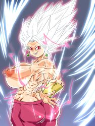 Rule 34 | 1girl, ass, breasts, dragon ball, dragon ball super, earrings, facing away, female focus, from behind, huge breasts, jewelry, kefla (dragon ball), looking at viewer, looking back, nipples, red eyes, rickert kai, white hair