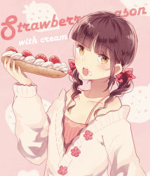 Rule 34 | 1girl, blush, bow, cream, domotolain, drill hair, food, food on face, fruit, long hair, low twintails, open mouth, original, solo, strawberry, twin drills, twintails