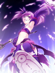 Rule 34 | 1girl, aisha landar, arm up, armpits, bad id, bad pixiv id, bandeau, boots, dress, elsword, from below, grin, long hair, magic, midriff, navel, purple background, purple dress, purple eyes, purple footwear, purple hair, purple skirt, purple theme, purple thighhighs, skirt, smile, solo, staff, thigh boots, thighhighs, twintails, umikawa torao, void princess (elsword)