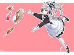 Rule 34 | 1girl, :o, artist name, bad id, bad pixiv id, bow, bowtie, closers, coffee, dated, drink, falling, feet, frills, full body, gloves, hair ribbon, half-closed eyes, long hair, maid, maid headdress, orange eyes, outstretched arms, pantyhose, pink background, ribbon, silver hair, solo, surps, tina (closers), tray, tripping, white gloves, white pantyhose