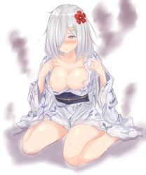 Rule 34 | 10s, 1girl, absurdres, blue eyes, blush, breasts, commentary request, female focus, flower, hair flower, hair ornament, hair over one eye, hairclip, hamakaze (kancolle), highres, japanese clothes, kantai collection, kaya (yoshina9), kimono, large breasts, nipples, short hair, silver hair, simple background, solo, suggestive fluid, yukata
