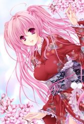 Rule 34 | 1girl, ahoge, bad id, bad pixiv id, breasts, cherry blossoms, dutch angle, frills, hagiwara rin, hair between eyes, japanese clothes, kimono, large breasts, long sleeves, looking at viewer, obi, open mouth, pink eyes, pink hair, ribbon, sash, smile, solo, twintails