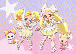 Rule 34 | 10s, 2girls, baby, blonde hair, bloomers, blue eyes, bow, brooch, brown eyes, candy (smile precure!), choker, color connection, creature, crossover, double bun, dual persona, full body, gloves, hair bun, hat, head wings, ine, jewelry, long hair, magical girl, makihatayama hana, multiple girls, ojamajo doremi, ootani ikue, pink bow, precure, royal candy, shoes, short hair, skirt, smile precure!, tiara, twintails, underwear, voice actor connection, white bloomers, white choker, wings