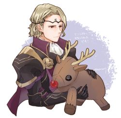 Rule 34 | 1boy, armor, blonde hair, cape, circlet, closed mouth, cropped torso, fire emblem, fire emblem fates, gauntlets, hair intakes, male focus, nintendo, purple cape, red eyes, robaco, short hair, shoulder armor, solo, stuffed animal, stuffed reindeer, stuffed toy, twitter username, white background, xander (fire emblem)