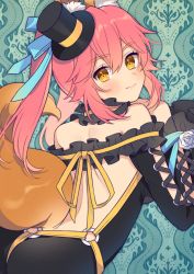 Rule 34 | 1girl, animal ear fluff, animal ears, backless dress, backless outfit, bare shoulders, black dress, black hat, blue bow, blush, bow, brown eyes, closed mouth, clothing cutout, cross-laced clothes, cross-laced cutout, dress, fate/extra, fate (series), flower, fox ears, fox girl, fox tail, hair between eyes, hair bow, hand up, hat, karokuchitose, long hair, long sleeves, looking at viewer, looking back, mini hat, mini top hat, off-shoulder dress, off shoulder, official alternate costume, pink hair, rose, smile, solo, tail, tail raised, tamamo (fate), tamamo no mae (fate/extra), tamamo no mae (sable mage) (fate), tilted headwear, top hat, twintails, white flower, white rose, wide sleeves