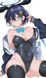 Rule 34 | 1girl, animal ears, black hair, blue archive, bow, bowtie, breasts, chihiro (blue archive), covered erect nipples, covered navel, detached collar, glasses, green eyes, halo, highleg, highleg leotard, highres, jacket, large breasts, leotard, loki 78, playboy bunny, rabbit ears, short hair, thighhighs, white background