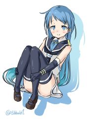 Rule 34 | 10s, 1girl, bad id, bad twitter id, black gloves, black thighhighs, blue eyes, blue hair, blush, brown footwear, closed eyes, ebifurya, elbow gloves, eyebrows, full body, gloves, hands on legs, highres, inactive account, kantai collection, knees up, long hair, looking at viewer, mary janes, matching hair/eyes, neckerchief, samidare (kancolle), school uniform, serafuku, shoes, simple background, sitting, skirt, sleeveless, smile, solo, thighhighs, twitter username, very long hair, white background, white skirt