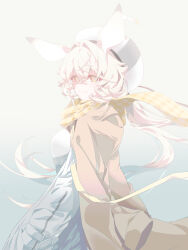 Rule 34 | 1girl, absurdres, animal ears, arknights, blonde hair, blush, brown coat, coat, coat on shoulders, colored inner hair, commentary, dorothy (arknights), gradient background, green hair, grey background, grey shirt, hat, highres, kujou koto, long hair, looking at viewer, mouse ears, mouse girl, multicolored hair, plaid, plaid scarf, scarf, shirt, simple background, sleeves past fingers, sleeves past wrists, smile, upper body, white headwear, yellow eyes, yellow scarf