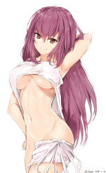 Rule 34 | 1girl, arm behind head, arm up, armpits, breasts, cowboy shot, fate/grand order, fate (series), groin, highres, large breasts, long hair, looking at viewer, meme attire, navel, no bra, no panties, purple hair, red eyes, scathach (fate), silver (chenwen), simple background, smile, solo, sweater, thigh strap, underboob, virgin killer sweater, wardrobe error, white background, white sweater