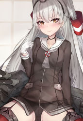 Rule 34 | 1girl, amatsukaze (kancolle), arm at side, black panties, black ribbon, blush, breasts, brown eyes, cameltoe, closed mouth, collarbone, covered navel, garter straps, gloves, hair tubes, highres, kantai collection, long hair, long sleeves, no pants, panties, red thighhighs, ribbon, see-through, sherryqq, side-tie panties, silver hair, sitting, small breasts, smile, solo, spread legs, thighhighs, turret, two-tone background, two side up, underwear, v-shaped eyebrows, very long hair, white gloves