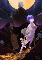 Rule 34 | 1boy, 3others, androgynous, bald, blue eyes, blue hair, crack, crying, crying with eyes open, crystal hair, full moon, gem uniform (houseki no kuni), gold, golden arms, heterochromia, houseki no kuni, japanese clothes, kesa, kongou sensei, looking up, melting, moon, multiple others, multiple persona, necktie, phosphophyllite, phosphophyllite (ll), see-through, short hair, signature, spoilers, sword, tears, weapon, white eyes
