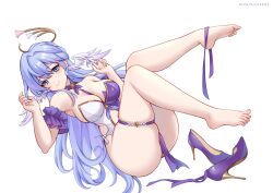 Rule 34 | 1girl, absurdres, adapted costume, aqua eyes, asagiri ai, bare legs, bare shoulders, barefoot, blue hair, breasts, commentary request, detached sleeves, feet, hands up, head wings, high heels, highres, honkai: star rail, honkai (series), large breasts, leotard, long hair, looking at viewer, purple footwear, purple leotard, robin (honkai: star rail), short sleeves, simple background, smile, solo, thigh strap, thighs, two-tone leotard, very long hair, white background, white leotard, wings