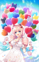 Rule 34 | 1girl, :3, animal ears, animal hands, balloon, bare shoulders, bear ears, bear paws, blue eyes, blush, braid, breasts, cleavage, cleavage cutout, clothing cutout, collarbone, dress, fang, gloves, hair over shoulder, highres, holding, holding balloon, indie virtual youtuber, juruko, large breasts, long hair, looking at viewer, mascot, open mouth, original, paw gloves, pink gloves, pink hair, ringo sui, sky, smile, solo, sundress, tareme, twin braids, virtual youtuber