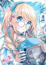 Rule 34 | + +, 1girl, absurdres, alice (alice in wonderland), alice in wonderland, bandaid, bandaid on hand, blonde hair, blue bow, blue eyes, blue hair, blue nails, blue sky, blush stickers, bow, braid, chon (chon33v), cloud, commentary request, day, glasses, goggles, hair bow, hands up, unworn headwear, helmet, unworn helmet, highres, holding, holding helmet, index finger raised, jacket, long sleeves, looking at viewer, multicolored hair, nail art, nail polish, original, outdoors, parted lips, puffy long sleeves, puffy sleeves, sky, sleeves past wrists, solo, streaked hair, traffic light, twin braids, white jacket