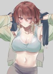 Rule 34 | 1girl, absurdres, aketa mikoto, armpits, blush, breasts, brown hair, cleavage, collarbone, commentary request, dated, earrings, green jacket, green sports bra, grey pants, hair between eyes, highres, holding, holding towel, idolmaster, idolmaster shiny colors, jacket, jewelry, kevn, large breasts, looking at viewer, navel, pants, signature, sketch, solo, sports bra, stomach, stud earrings, sweat, towel, underboob, upper body