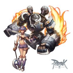 Rule 34 | 1girl, axe, blacksmith (ro2), boots, brown eyes, brown hair, choker, gloves, hat, highres, machine, midriff, myung-jin lee, navel, official art, ragnarok online 2: legend of the second, short hair, sword, thigh gap, torn clothes, warrior, weapon