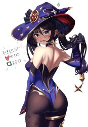 Rule 34 | 1girl, anger vein, ass, backless leotard, black choker, black hair, blue eyes, breasts, choker, from behind, genshin impact, hair tie, hat, hat ribbon, highres, holding, holding own hair, leotard, long hair, looking at viewer, looking back, meme, mona (genshin impact), nithros, pantyhose, parted lips, ribbon, small breasts, solo, twintails, twitter strip game (meme), v-shaped eyebrows, wavy mouth, witch hat