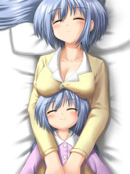 Rule 34 | 2girls, age difference, bed, blue hair, blush, breast pillow, breast rest, breasts, breasts on head, child, cleavage, closed eyes, height difference, large breasts, mother and daughter, multiple girls, onee-loli, original, pajamas, short hair, size difference, sleeping, smile, yoruuma, yuri