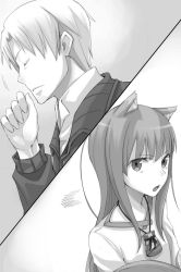Rule 34 | 1boy, 1girl, animal ears, ayakura juu, beard, craft lawrence, closed eyes, facial hair, greyscale, holo, long hair, looking at viewer, monochrome, monochrome, novel illustration, official art, open mouth, pouch, shirt, spice and wolf, tail, wolf ears, wolf tail