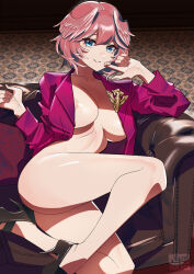 Rule 34 | 1girl, :&gt;, absurdres, areola slip, armchair, blue eyes, bottomless, breasts, chair, cleavage, closed mouth, emblem, head wings, high heels, highres, hololive, indoors, jacket, large breasts, long sleeves, looking at viewer, naked jacket, open clothes, open jacket, pink jacket, red hair, short hair, signature, sitting, smile, solo, takane lui, virtual youtuber, wings, yan jhia