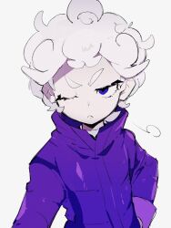 Rule 34 | 1boy, a (poipiku 325815), bede (pokemon), closed mouth, coat, commentary request, creatures (company), curly hair, eyelashes, frown, game freak, grey background, long sleeves, looking at viewer, male focus, nintendo, pokemon, pokemon swsh, purple coat, short hair, simple background, solo, thick eyebrows, upper body, v-shaped eyebrows, white hair