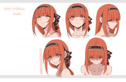 Rule 34 | 1girl, blunt bangs, character name, character sheet, closed mouth, collarbone, frown, hairband, long hair, looking at viewer, looking away, looking down, looking to the side, low ponytail, multiple views, open mouth, orange eyes, orange hair, original, ponytail, rachel (walzrj), ribbon, sad, sidelocks, smile, sweat, tearing up, walzrj, white background
