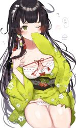 Rule 34 | 1girl, absurdres, black hair, bra, breasts, burnt clothes, cleavage, covering own mouth, green eyes, green kimono, hair ribbon, hair tubes, highres, japanese clothes, kantai collection, kimono, large breasts, long hair, mizuho (kancolle), one-hour drawing challenge, one eye closed, panties, qqqmei, ribbon, sidelocks, simple background, sitting, underwear, very long hair, white background, white bra, white panties, wide sleeves