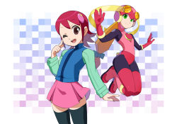 Rule 34 | 2girls, artist request, blush, boots, breasts, brown eyes, clothes lift, female focus, gloves, gradient background, green eyes, hair ornament, helmet, leotard, looking at viewer, mayl sakurai (mega man), mega man (series), mega man battle network, multiple girls, one eye closed, open mouth, pink hair, roll.exe (mega man), shiny clothes, shoes, simple background, skirt, skirt lift, small breasts, smile, wink