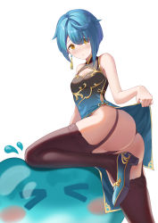 Rule 34 | 1boy, absurdres, ass, bare shoulders, blue hair, blush, breasts, china dress, chinese clothes, dress, earrings, from behind, garter straps, genshin impact, hifi, high heels, highres, jewelry, leg up, looking at viewer, monster, panties, short hair, simple background, slime, small breasts, thighhighs, trap, underwear, white background, xingqiu (genshin impact), yellow eyes