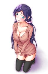 Rule 34 | 10s, 1girl, black thighhighs, blush, breasts, cardigan, cleavage, collarbone, female focus, green eyes, head tilt, kneeling, large breasts, long hair, looking at viewer, love live!, love live! school idol festival, love live! school idol project, own hands together, parted lips, purple hair, smile, solo, thighhighs, totsumotsu, tojo nozomi, twintails