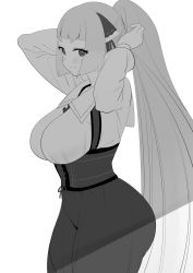 Rule 34 | 1girl, ass, blunt bangs, blush, breasts, corset, curvy, dress, greyscale, highres, large breasts, long hair, long sleeves, looking at viewer, momoko (shoutao), monochrome, original, ponytail, shoutao, smile, solo, very long hair, white background
