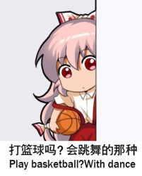 Rule 34 | 1girl, ball, basketball, basketball (object), bilingual, bow, chinese commentary, chinese text, commentary request, cowboy shot, english text, fujiwara no mokou, grey background, hair between eyes, hair bow, head tilt, holding, holding ball, jokanhiyou, long hair, looking at viewer, lowres, mixed-language text, pants, peeking out, pink hair, red eyes, red pants, shirt, short sleeves, simple background, solo, standing, suspenders, suspenders slip, touhou, translation request, very long hair, white bow, white shirt