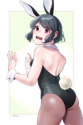 Rule 34 | 1girl, absurdres, animal ears, ass, back, backless leotard, backless outfit, black hair, commentary, dated, fake animal ears, highres, horikou, jewelry, leotard, pantyhose, playboy bunny, purple eyes, rabbit ears, rabbit tail, ring, shima saki, short hair, signature, simple background, solo, tail, wedding band, wrist cuffs, yurucamp