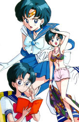 Rule 34 | 1990s (style), 1girl, adjusting eyewear, arm up, bikini, bikini top only, bishoujo senshi sailor moon, blue choker, blue eyes, blue hair, blue sailor collar, blue skirt, book, boots, breasts, casual, choker, earrings, elbow gloves, floral print, glases, gloves, highres, holding, holding book, inner senshi, jewelry, knee boots, leotard, magical girl, miniskirt, mizuno ami, multiple views, necklace, non-web source, official art, open book, open mouth, pleated skirt, reading, retro artstyle, rimless eyewear, round eyewear, sailor collar, sailor mercury, sailor senshi, sailor senshi uniform, school uniform, short hair, short sleeves, shorts, skirt, stud earrings, swimsuit, tiara