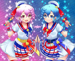 Rule 34 | 1boy, 1girl, bad id, bad pixiv id, blue hair, blush, braid, brother and sister, dorothy west, dress, hat, holding hands, kannagi kaname, reona west, looking at viewer, mole, mole under eye, open mouth, pink eyes, pink hair, pretty series, pripara, purple eyes, short hair, siblings, smile, star (symbol), thighhighs, trap, twins, wand