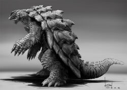 Rule 34 | angry, artist name, claws, concept art, daiei film, dated, engi (animation studio), full body, gamera, gamera (series), gamera -rebirth-, giant, giant monster, kadokawa, kaijuu, monochrome, monster, no humans, official art, open mouth, promotional art, roaring, shadow, sharp teeth, shell, side profile, signature, simple background, sketch, tail, takahama kan, teeth, turtle, turtle shell, tusks, white background