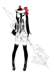 Rule 34 | 1girl, animal ears, argyle, argyle clothes, argyle necktie, argyle neckwear, full body, hand on own hip, high heels, holding, holding weapon, horn ornament, horn ribbon, horned girl (jaco), horns, jaco, long hair, monochrome, necktie, original, ribbon, shoes, shorts, sidelocks, smile, solo, spot color, staff, standing, suspenders, thighhighs, tie clip, twintails, very long hair, weapon, white background