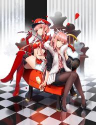 Rule 34 | alcohol, alternate costume, aono shimo, bad id, bad twitter id, boots, champagne, checkered floor, cup, drinking glass, dual persona, elbow gloves, fate/grand order, fate (series), flower, fur scarf, gloves, hat, high heels, highres, looking at viewer, medb (alluring chief warden look) (fate), medb (fate), midriff, navel, one eye closed, pantyhose, parted lips, peaked cap, petals, pink hair, reflection, riding crop, rose, sitting, skirt, thigh boots, thighhighs, tiara, wine glass, yellow eyes