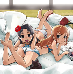 Rule 34 | 2girls, :t, arm support, ass, bad id, bad pixiv id, barefoot, bed, black hair, book, brown hair, feet, flat chest, green eyes, long hair, lying, multiple girls, on stomach, open mouth, original, panties, pillow, pout, sasaki toshiyuki, sketch, striped clothes, striped panties, underwear