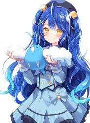 Rule 34 | 1girl, ahoge, amamiya kokoro, baram, bell, beret, black headwear, blue bow, blue hair, blue jacket, blue skirt, bow, closed mouth, commentary request, creatures (company), crossover, frilled skirt, frills, game freak, gen 3 pokemon, gradient hair, hair bell, hair ornament, hairclip, hands up, hat, jacket, jingle bell, juliet sleeves, long hair, long sleeves, looking at viewer, multicolored hair, nijisanji, nintendo, pokemon, pokemon (creature), puffy sleeves, shirt, simple background, skirt, sleeves past wrists, smile, swablu, two side up, very long hair, virtual youtuber, white background, white shirt, x hair ornament, yellow eyes