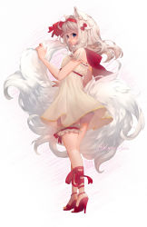 Rule 34 | 1girl, animal ear fluff, animal ears, bare shoulders, blue eyes, blush, closed mouth, dress, full body, high heels, highres, holding tail, kureihii, large tail, long hair, looking at viewer, looking back, medium hair, original, panties, red footwear, red ribbon, ribbon, shoes, simple background, sleeveless, smile, solo, standing, tail, twitter username, underwear, white hair, white tail