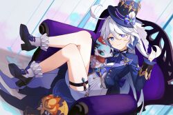 Rule 34 | 1girl, ahoge, armchair, black footwear, blue eyes, blue hat, blue jacket, chair, commentary request, furina (genshin impact), genshin impact, gleam lin shi, hat, high heels, highres, jacket, long hair, looking at viewer, shorts, smile, socks, solo, thigh strap, thighs, top hat, very long hair, white hair, white shorts, white socks